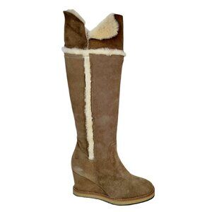 Gorgeous Leather Suede Sherpa Cuff Tall Boots Taupe Women Size| EU 39